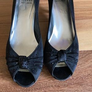 Stuart Weitzman Black Satin Peep Toe Pumps